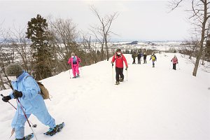 展望広場へ続く道路の上、ガードレールが雪で埋もれています