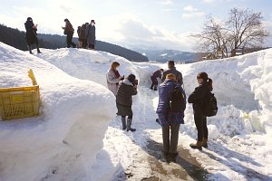 背丈ほどある雪の中、農家さんの作業を見守ります